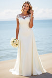 Ivory Illusion Boat Neck Sweep Train Long Wedding Dress