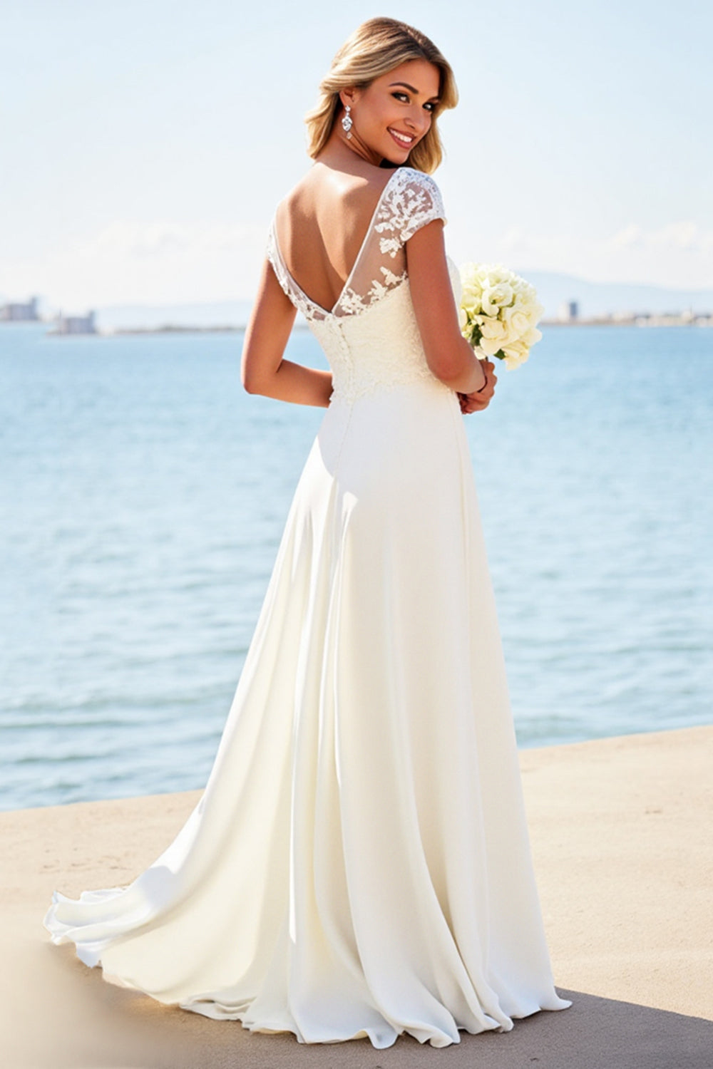 Zapakasa Women Ivory Sweep Train Boho Illusion Neck Wedding Dress with Lace Short Sleeves Boat A Line Backless Bridal Dress Zapakasa Women Ivory Sweep Train Boho Illusion Neck Wedding Dress with Lace Short Sleeves Boat A Line Backless Bridal Dress
