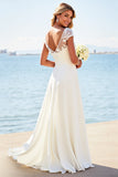 Ivory Illusion Boat Neck Sweep Train Long Wedding Dress