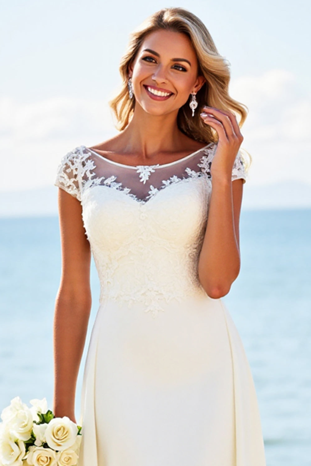Ivory Illusion Boat Neck Sweep Train Long Wedding Dress
