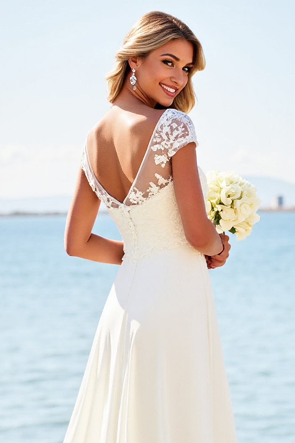 Ivory Illusion Boat Neck Sweep Train Long Wedding Dress