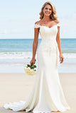 White Satin Appliques Sweep Train Sheath Long Wedding Dress