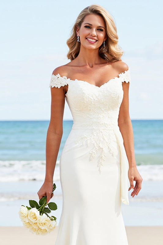 White Satin Appliques Sweep Train Sheath Long Wedding Dress