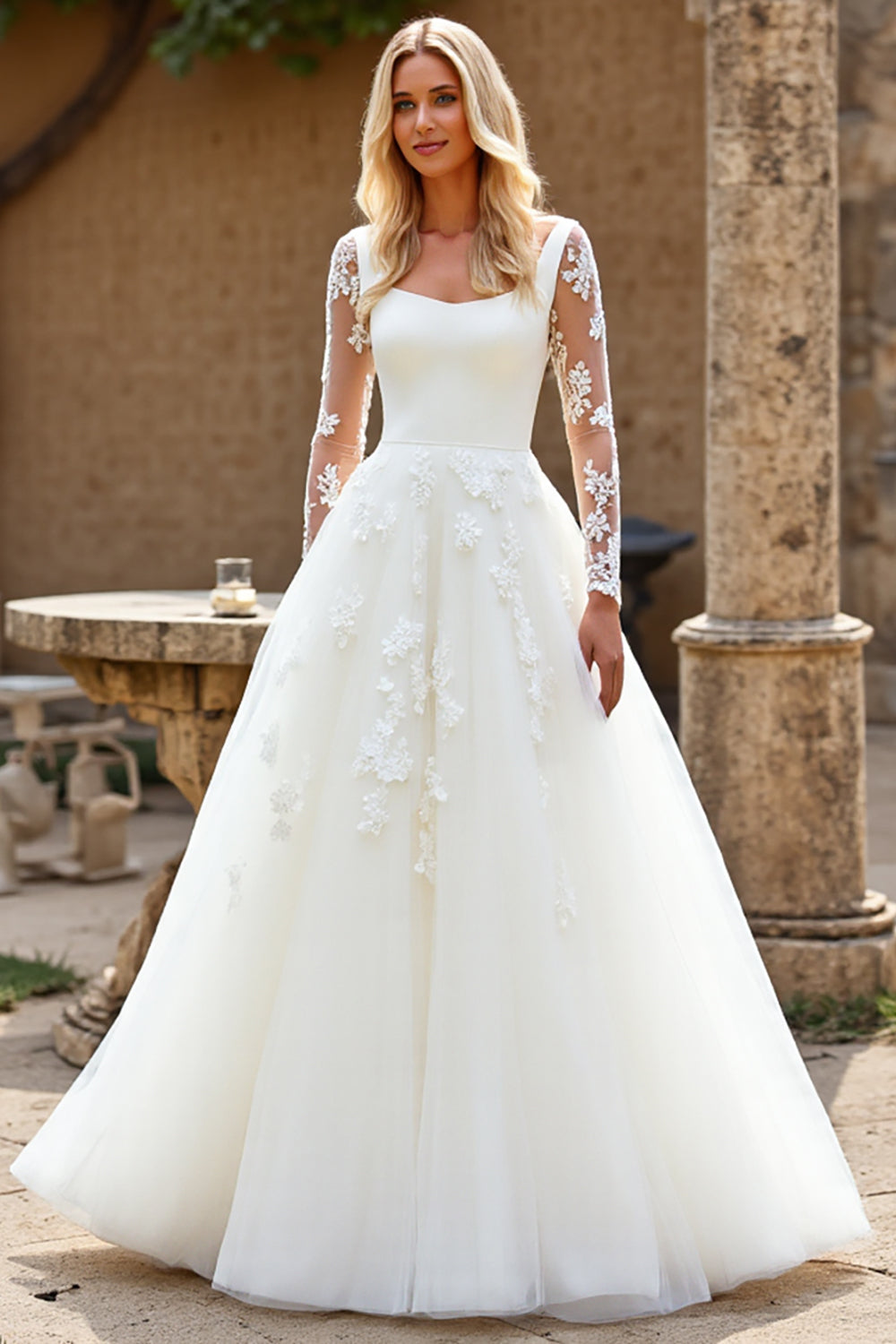 Ivory Sweep Train Ball Gown Tulle Wedding Dress with Lace Sleeves