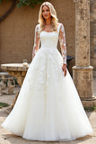 Ivory Sweep Train Ball Gown Tulle Wedding Dress with Lace Sleeves