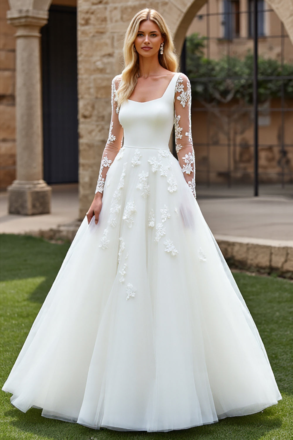 Ivory Sweep Train Ball Gown Tulle Wedding Dress with Lace Sleeves