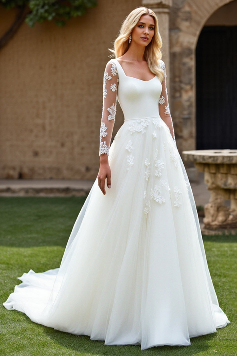 Ivory Sweep Train Ball Gown Tulle Wedding Dress with Lace Sleeves