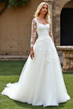 Ivory Sweep Train Ball Gown Tulle Wedding Dress with Lace Sleeves