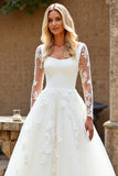 Ivory Sweep Train Ball Gown Tulle Wedding Dress with Lace Sleeves
