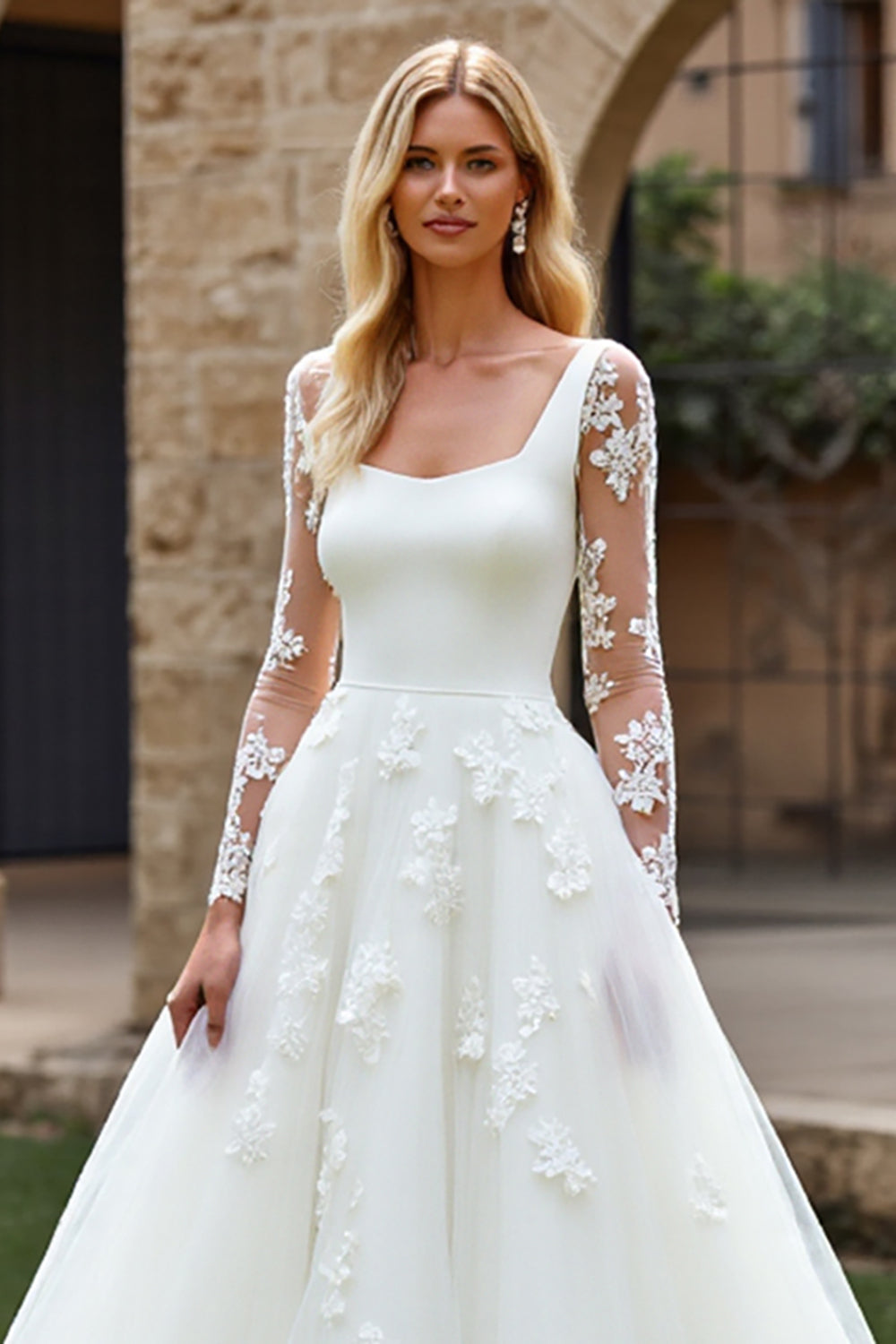 Ivory Sweep Train Ball Gown Tulle Wedding Dress with Lace Sleeves