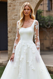 Ivory Sweep Train Ball Gown Tulle Wedding Dress with Lace Sleeves