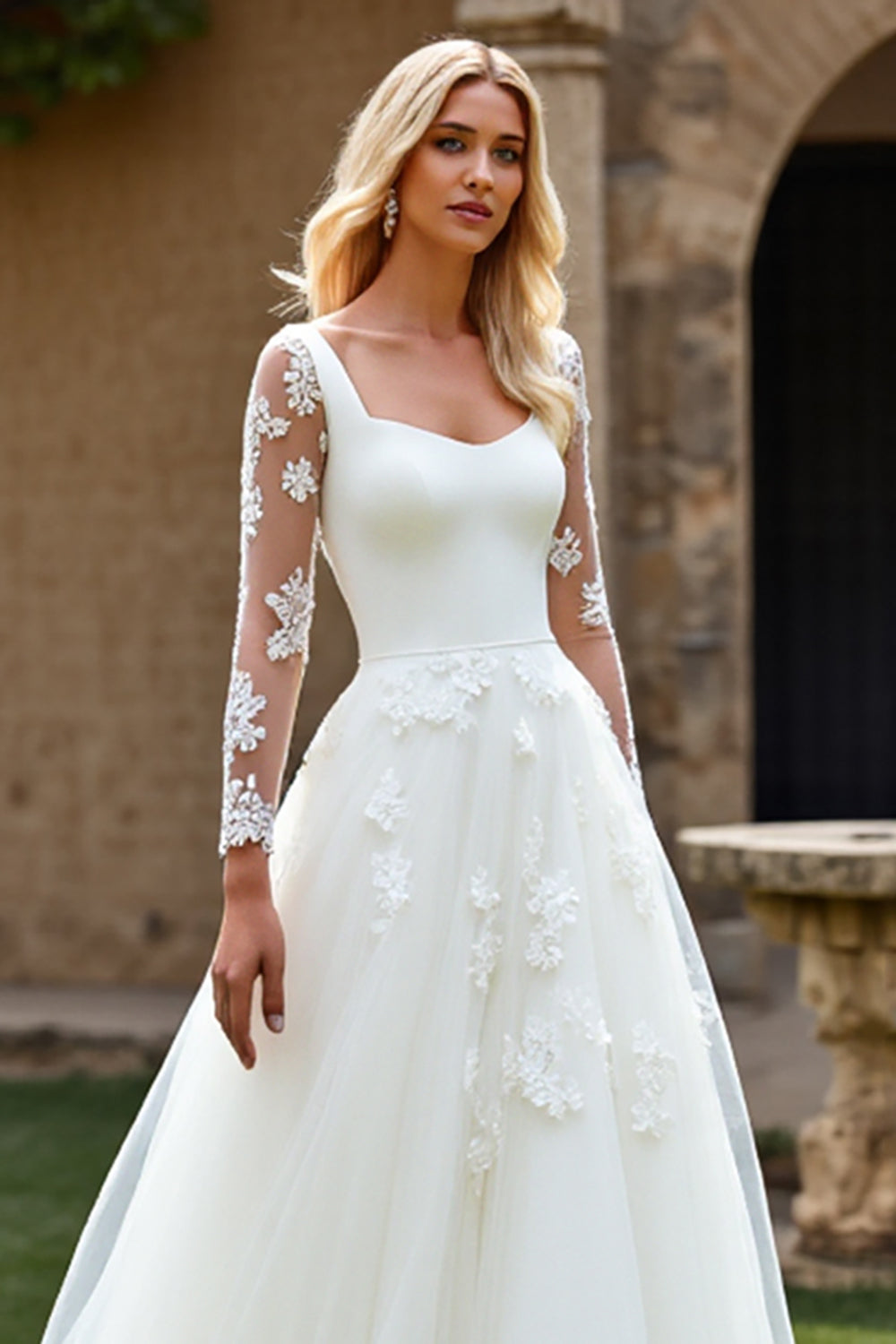 Ivory Sweep Train Ball Gown Tulle Wedding Dress with Lace Sleeves