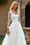 Ivory Sweep Train Ball Gown Tulle Wedding Dress with Lace Sleeves