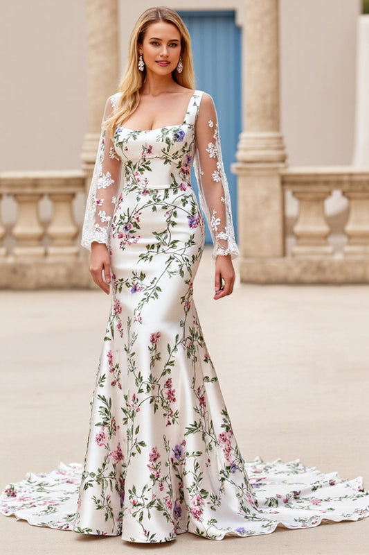 Ivory Flower Satin Sweep Train Mermaid Wedding Dress with Lace