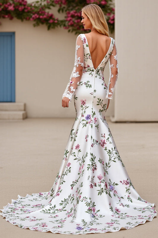 Ivory Flower Satin Sweep Train Mermaid Wedding Dress with Lace
