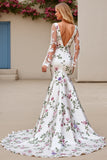 Ivory Flower Satin Sweep Train Mermaid Wedding Dress with Lace