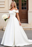 Simple Ivory Satin Ball Gown Sweep Train Wedding Dress