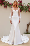Ivory Satin Mermaid Sweep Train Wedding Dress with Long Sleeves