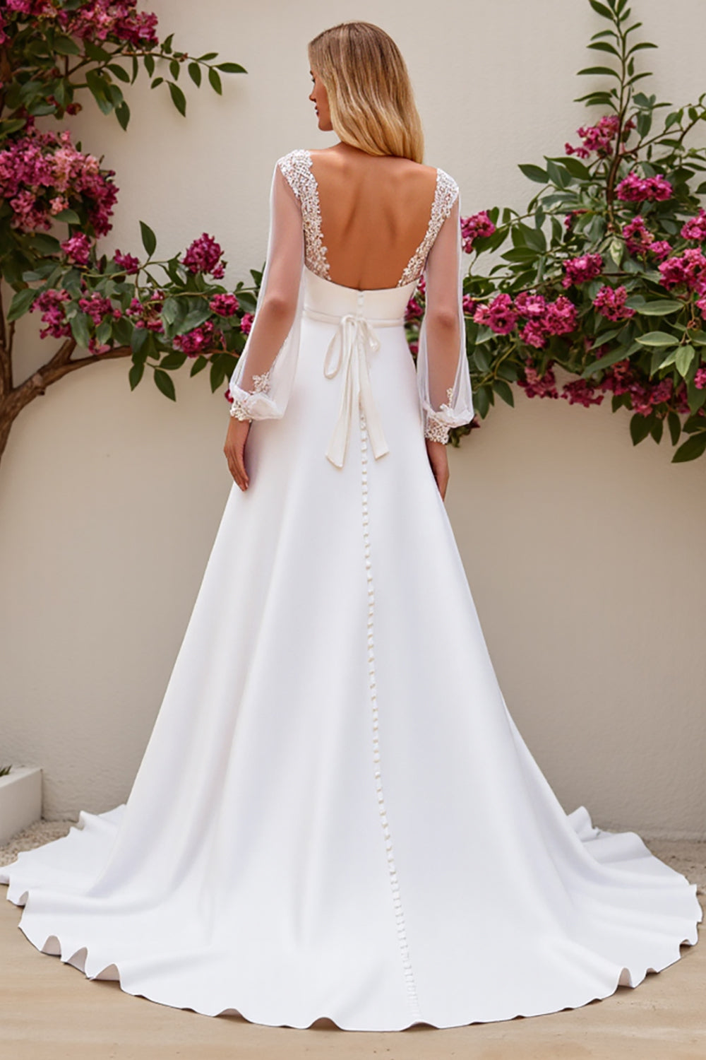 Ivory Satin Mermaid Sweep Train Wedding Dress with Long Sleeves