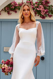 Ivory Satin Mermaid Sweep Train Wedding Dress with Long Sleeves