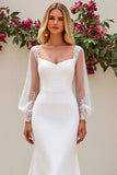 Ivory Satin Mermaid Sweep Train Wedding Dress with Long Sleeves