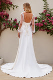 Ivory Satin Mermaid Sweep Train Wedding Dress with Long Sleeves