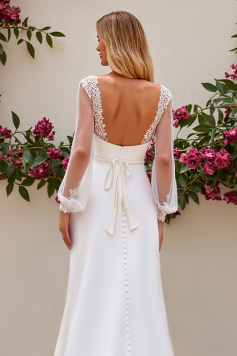 Ivory Satin Mermaid Sweep Train Wedding Dress with Long Sleeves