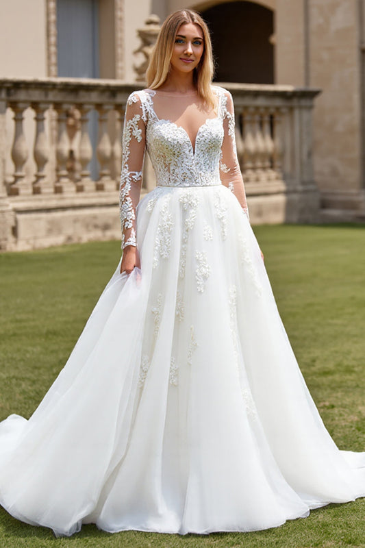 Ivory A Line Illusion Boat Neck Lace Wedding Dress with Long Sleeves