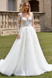Ivory A Line Illusion Boat Neck Lace Wedding Dress with Long Sleeves