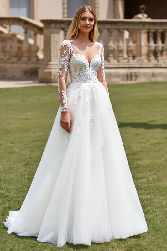 Ivory A Line Illusion Boat Neck Lace Wedding Dress with Long Sleeves