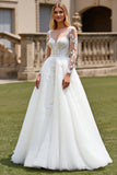 Ivory A Line Illusion Boat Neck Lace Wedding Dress with Long Sleeves