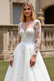 Ivory A Line Illusion Boat Neck Lace Wedding Dress with Long Sleeves
