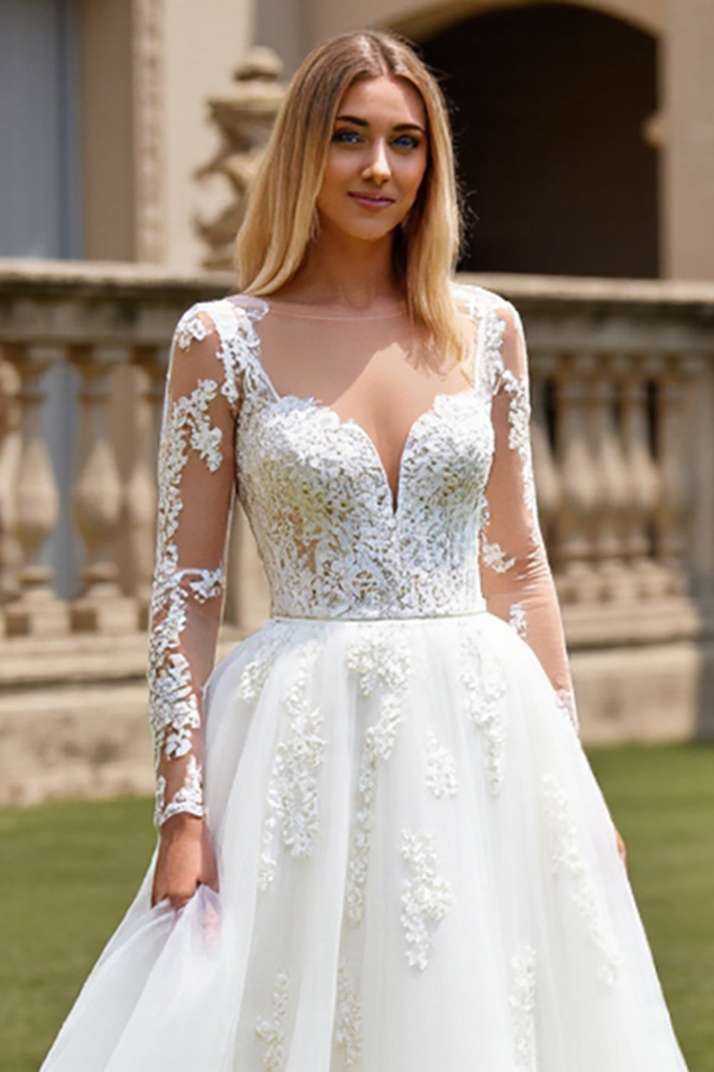 Ivory A Line Illusion Boat Neck Lace Wedding Dress with Long Sleeves