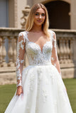 Ivory A Line Illusion Boat Neck Lace Wedding Dress with Long Sleeves