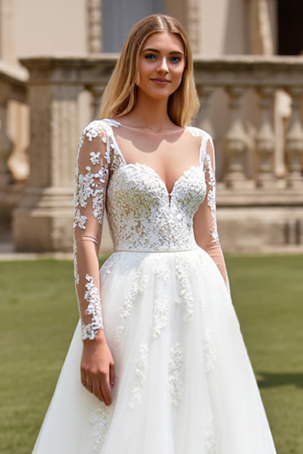 Ivory A Line Illusion Boat Neck Lace Wedding Dress with Long Sleeves