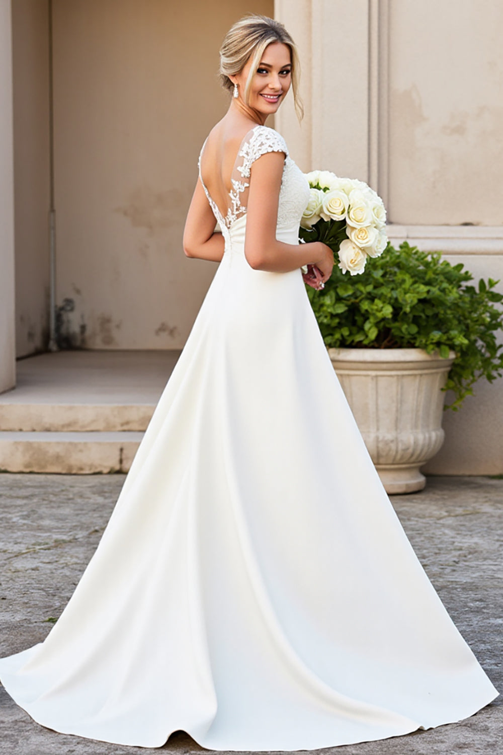 Ivory Satin A Line V-Neck Long Appliques Wedding Dress