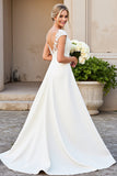 Ivory Satin A Line V-Neck Long Appliques Wedding Dress