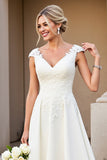 Ivory Satin A Line V-Neck Long Appliques Wedding Dress