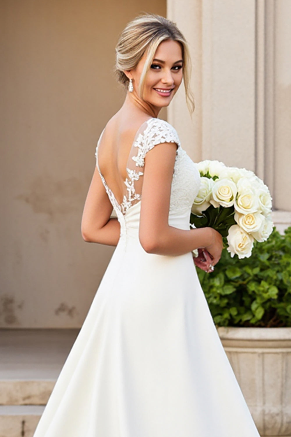 Ivory Satin A Line V-Neck Long Appliques Wedding Dress