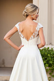 Ivory Satin A Line V-Neck Long Appliques Wedding Dress