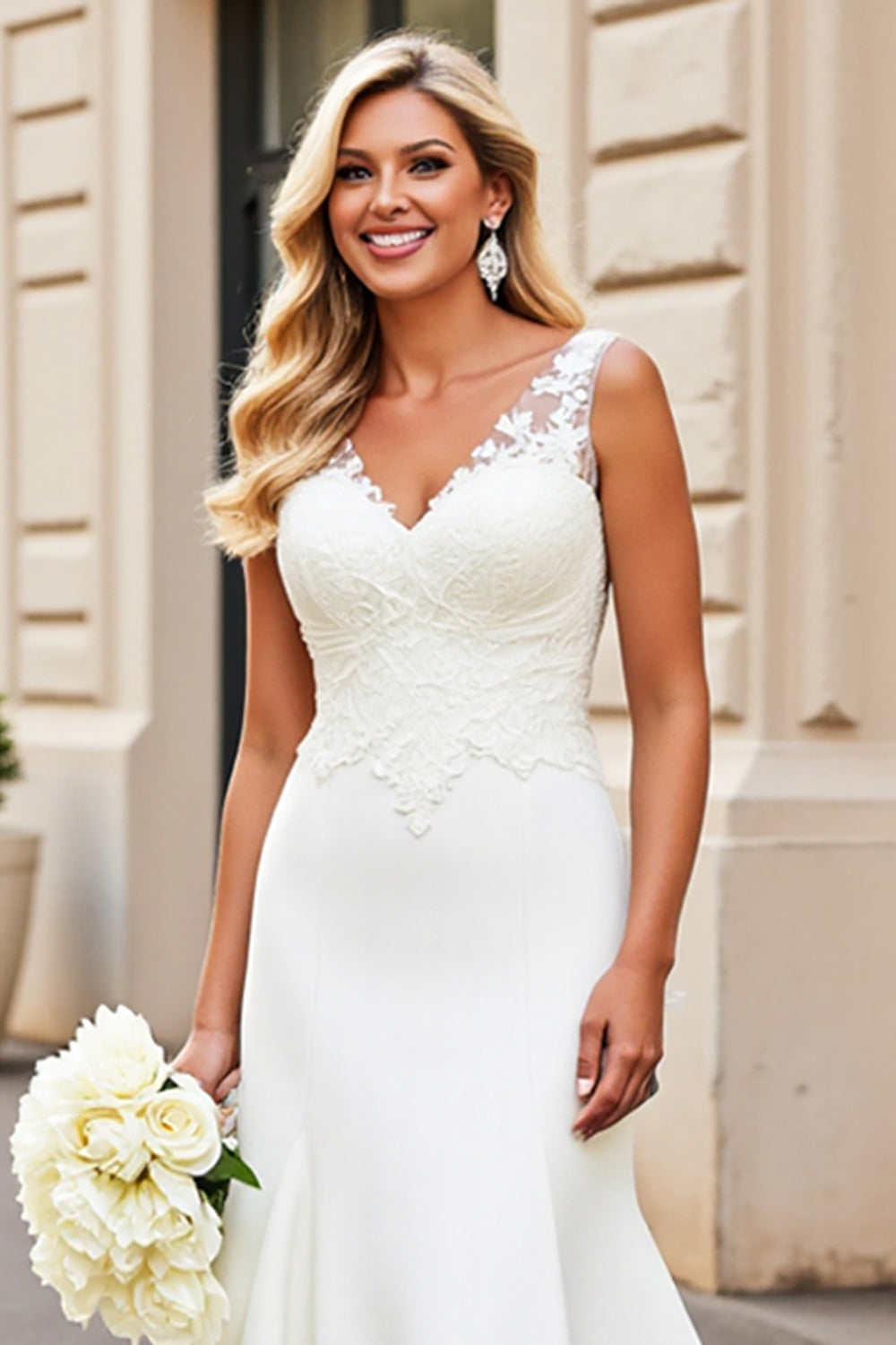 Lace Ivory Mermaid Satin Sweep Train Backless Wedding Dress
