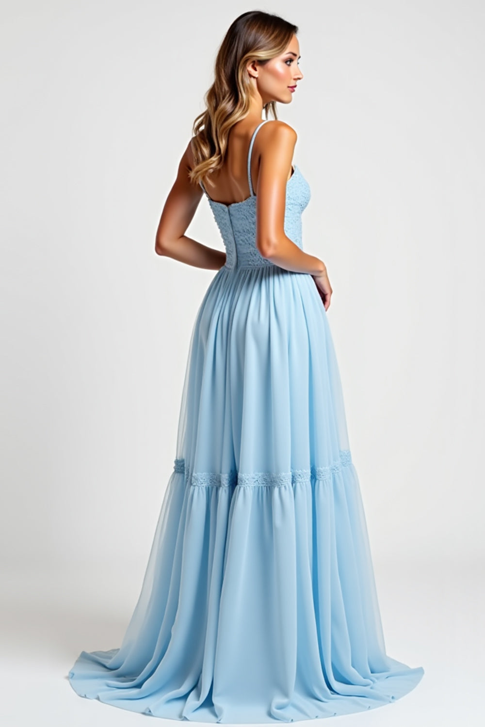 Sky Blue Square Neck Chiffon Long Bridesmaid Dress