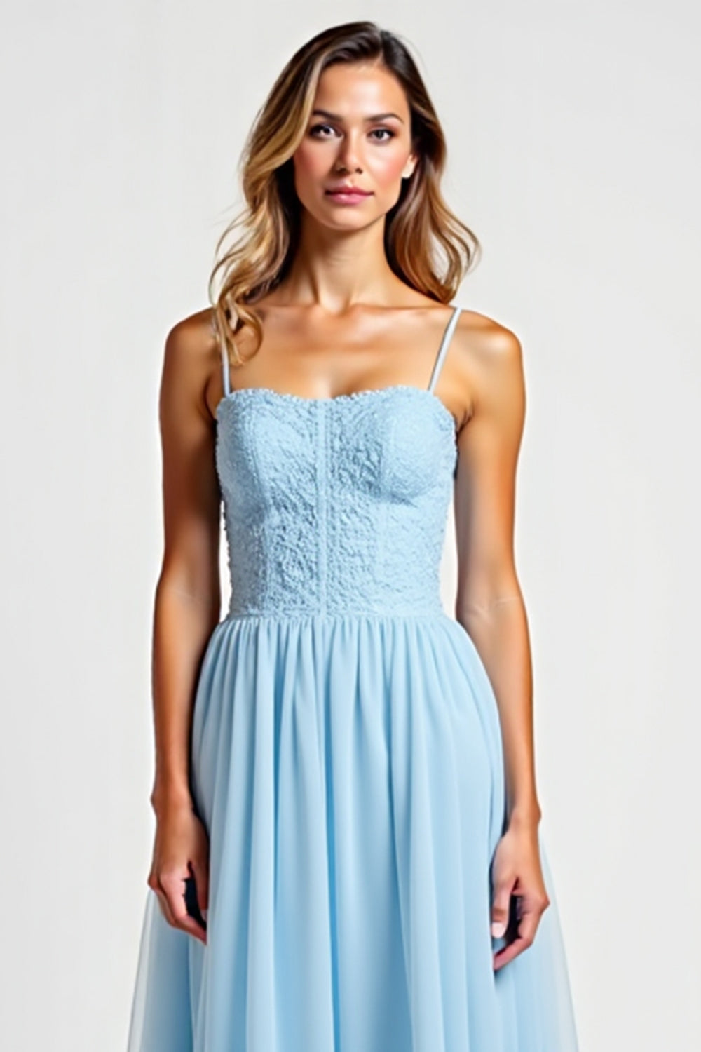 Sky Blue Square Neck Chiffon Long Bridesmaid Dress