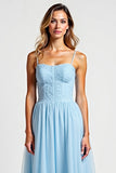 Sky Blue Square Neck Chiffon Long Bridesmaid Dress