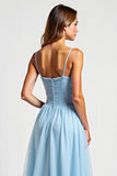 Sky Blue Square Neck Chiffon Long Bridesmaid Dress