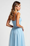 Sky Blue Square Neck Chiffon Long Bridesmaid Dress