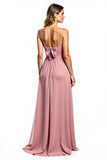 Dusty Rose A Line Backless Long Bridesmaid Dress