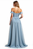 Dusty Blue Chiffon Long Off the Shoulder Bridesmaid Dress