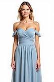 Dusty Blue Chiffon Long Off the Shoulder Bridesmaid Dress