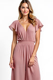 Dusty Rose Backless Long Cap Sleeves Bridesmaid Jumpsuit